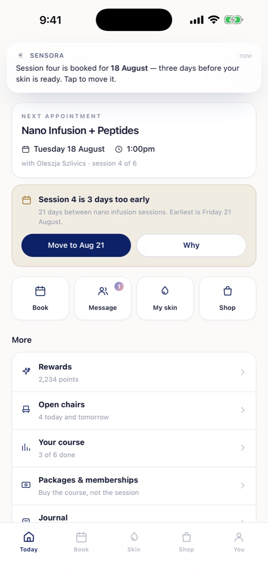 Sensora app — today screen